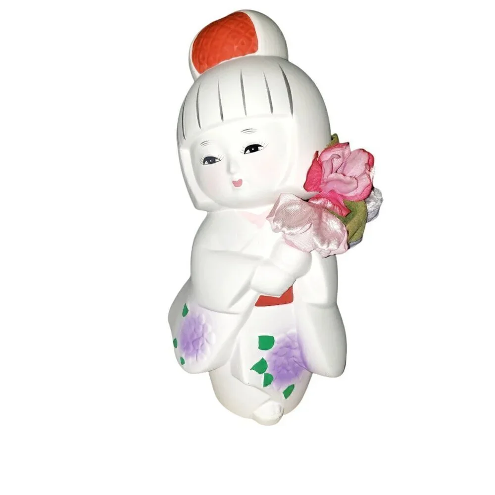 Vtg‎ Japanese Hakata Bisque Geisha Doll on Signed Wooden Base 7 3/4” T Ceramic